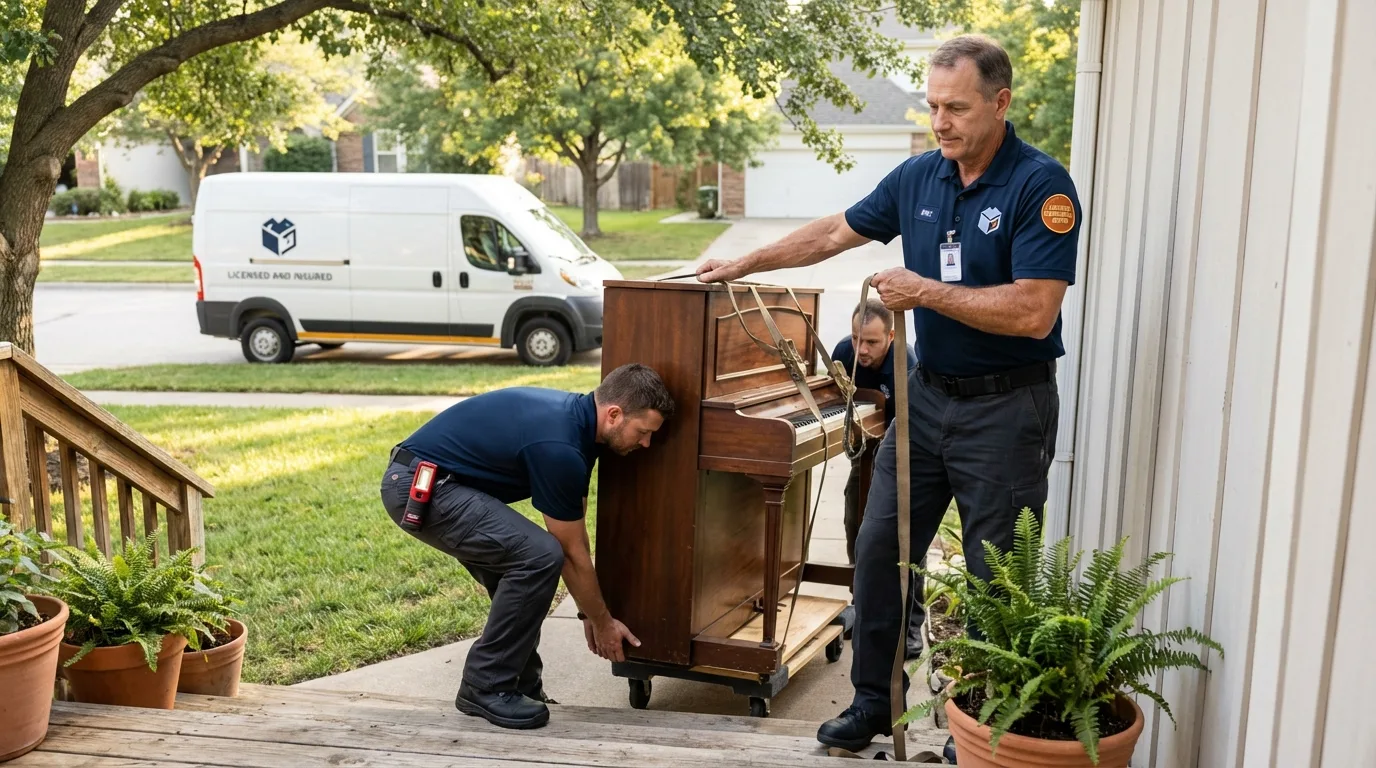 Licensed piano movers securing grand piano in Andover, NY