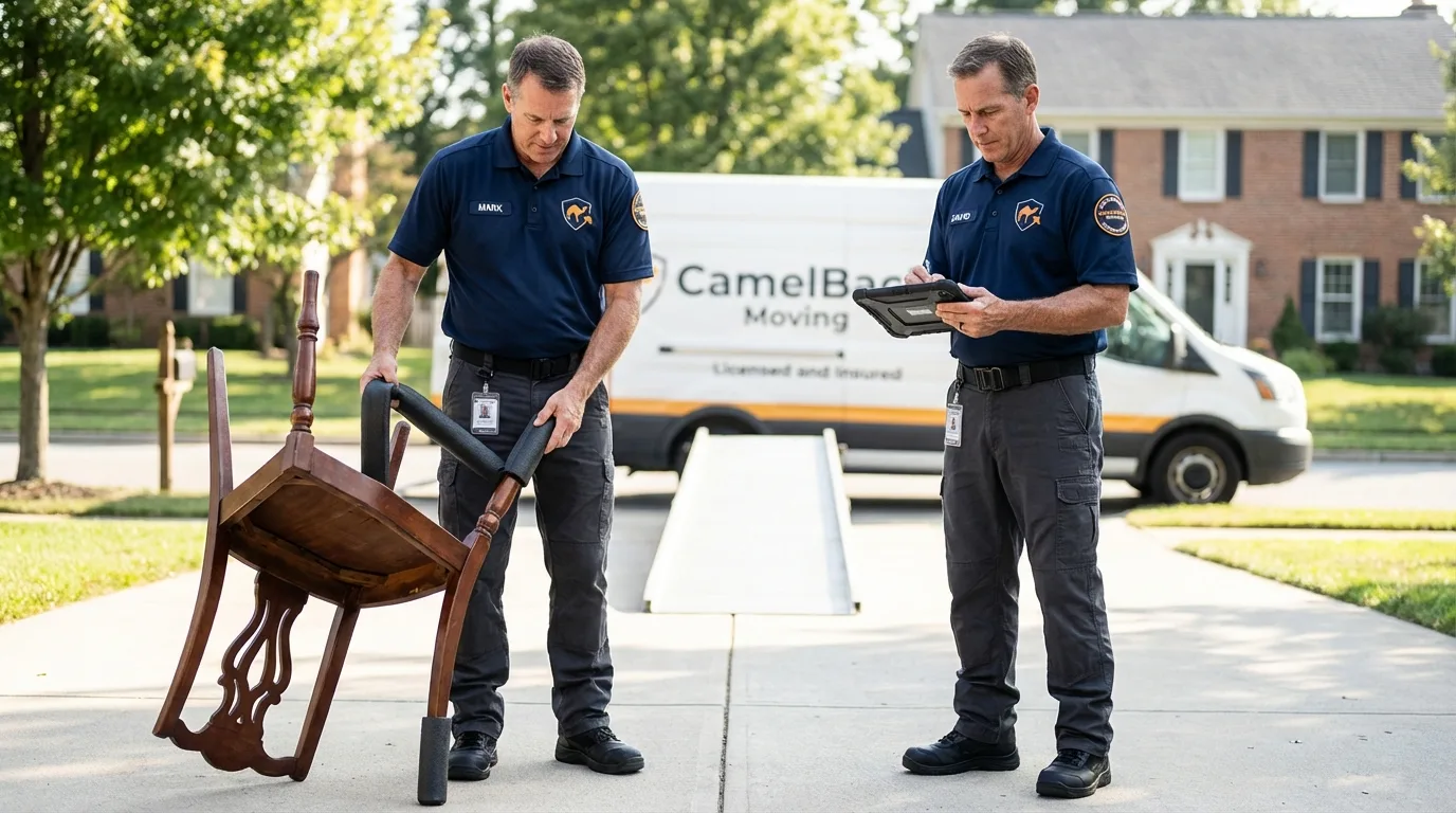Movers inspecting furniture for damage prevention before loading in Andover, NY