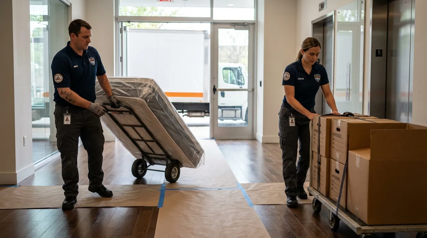Professional apartment movers loading elevator in Andover, NY