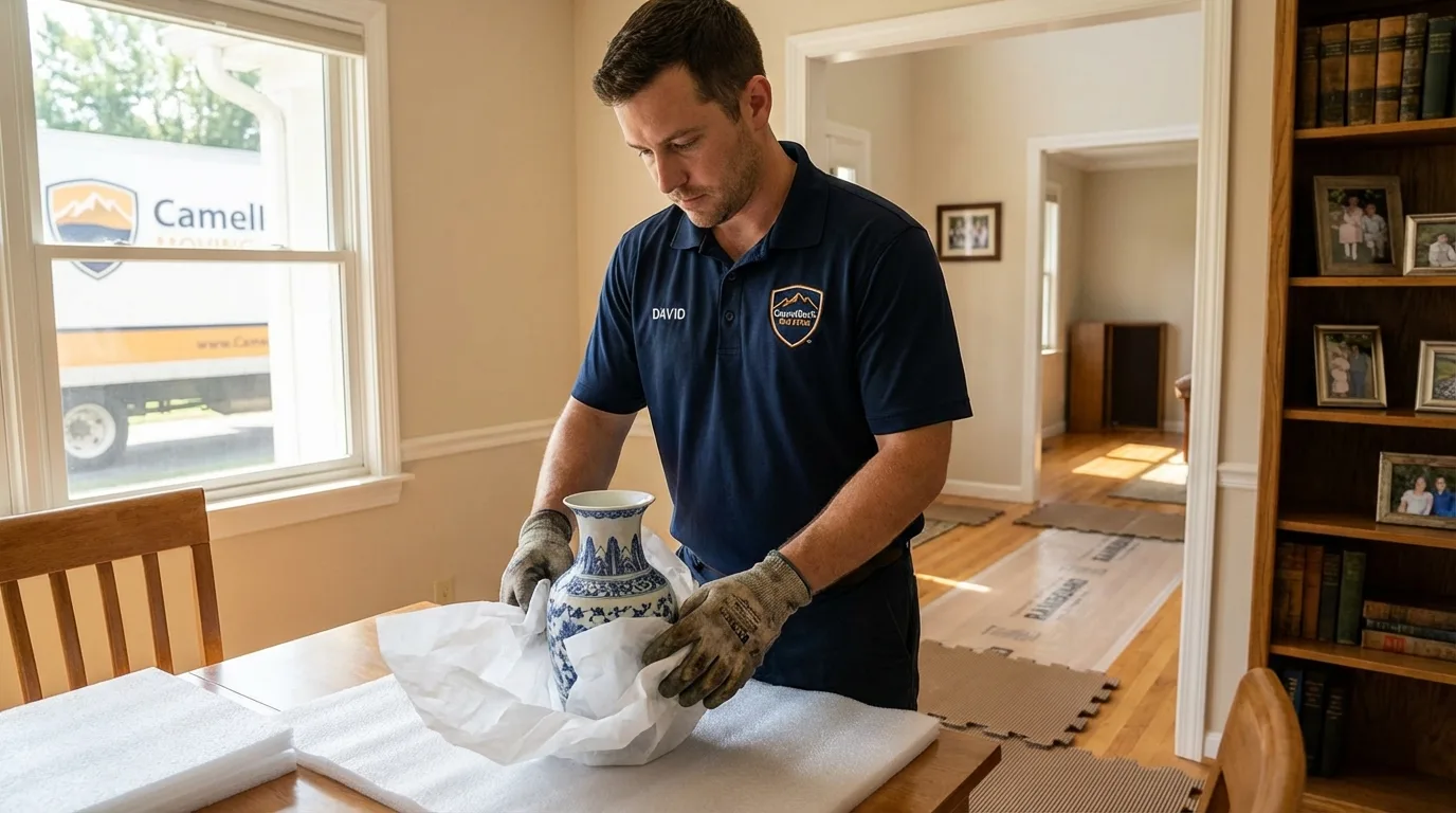 Professional crew carefully wrapping antique vase for senior downsizing move in Andover, NY