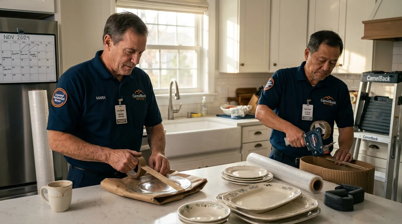 Professional crew packing kitchen dishware in Andover, NY